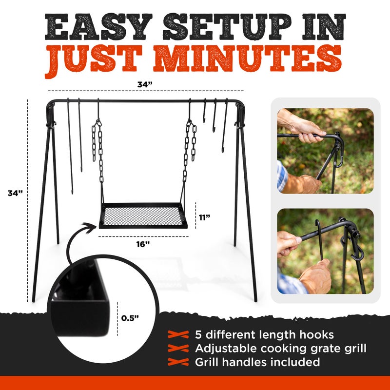 Bruntmor Grill Swing Campfire Cooking Stand BBQ Grill for Cookware & Dutch Oven Adjustable Collapsible Legs with Hooks & Accessories & Carrying Case Black - Image 2
